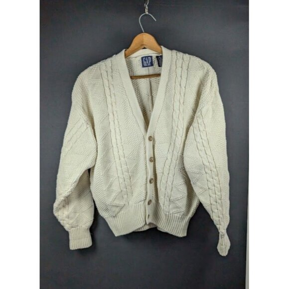 Vintage 80s Gap Sweater Cardigan XL Cable Knit Fisherman Academia Cottagecore - Picture 6 of 7